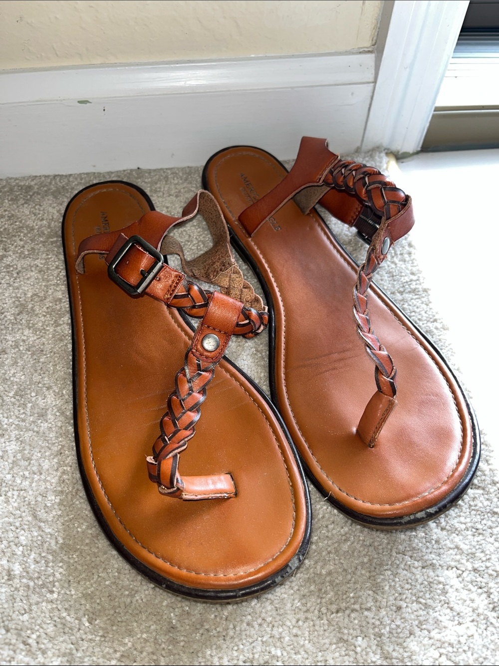 American Eagle OutWomen’s Brown Braided Leather T-strap Sandals